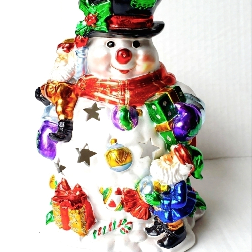 VINTAGE Large Glass Hand Painted Snowman Tea‎ Light Holder